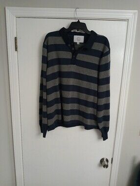 Sons Of New York Fortune Rugby Striped Navy and Gray Long Sleeve Polo Shirt